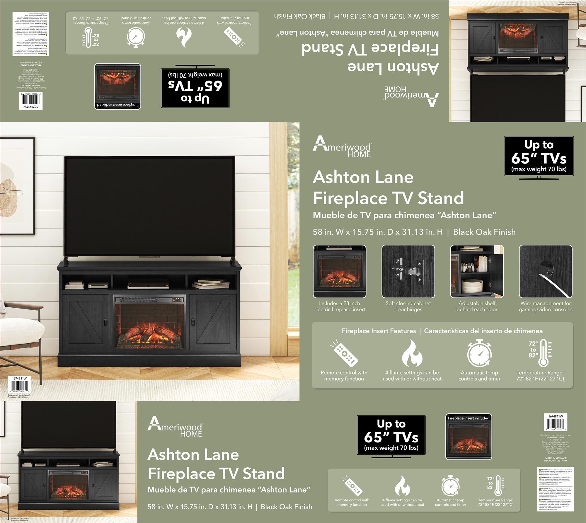 Ameriwood Home Ashton Lane Electric Fireplace TV Stand with Remote for TVs up to 65in - Black Oak