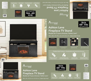 Ameriwood Home Ashton Lane Electric Fireplace TV Stand with Remote for TVs up to 65in - Black Oak