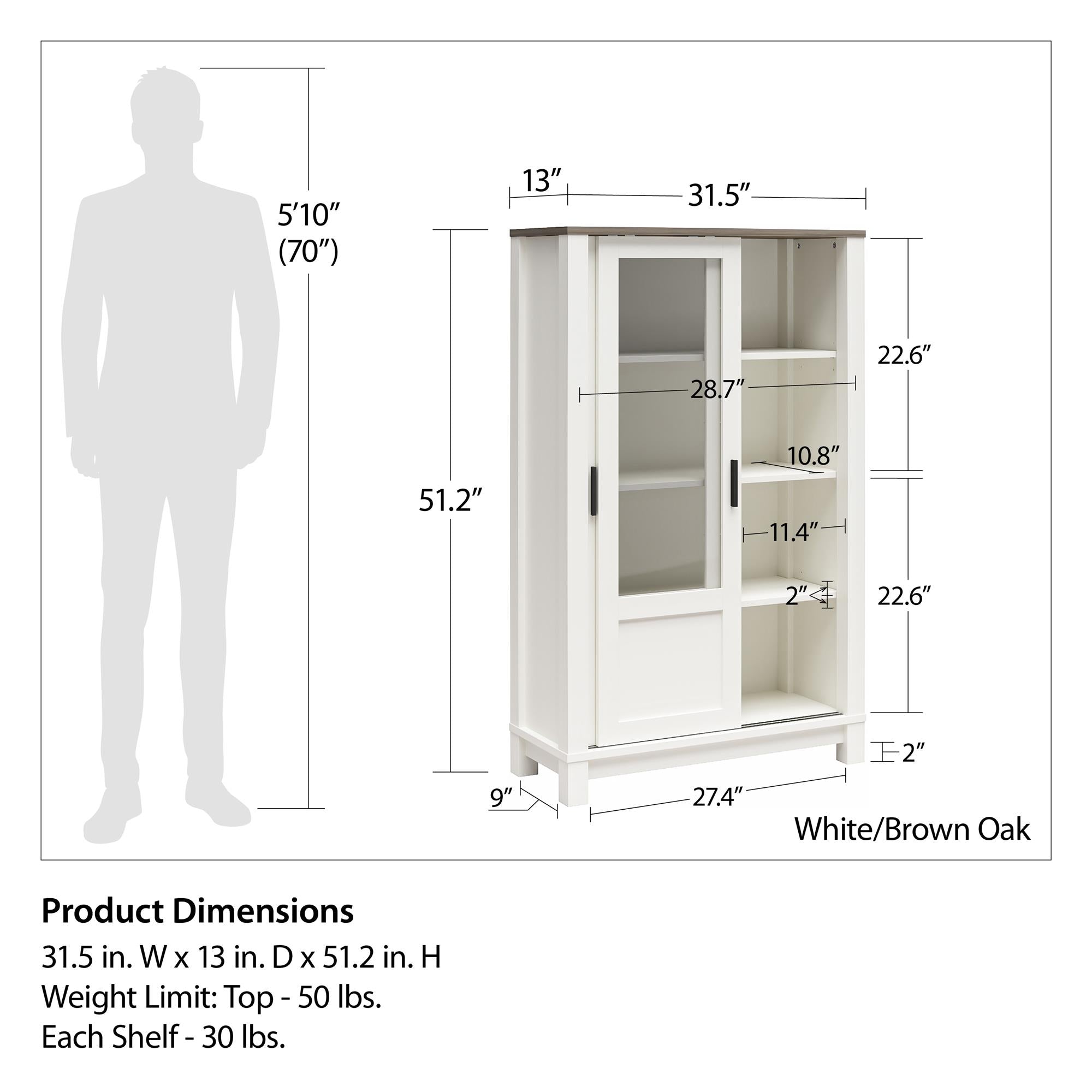 Ameriwood Home Chapel Hill Rustic Farmhouse Bookcase Cabinet with Sliding Glass Doors - White