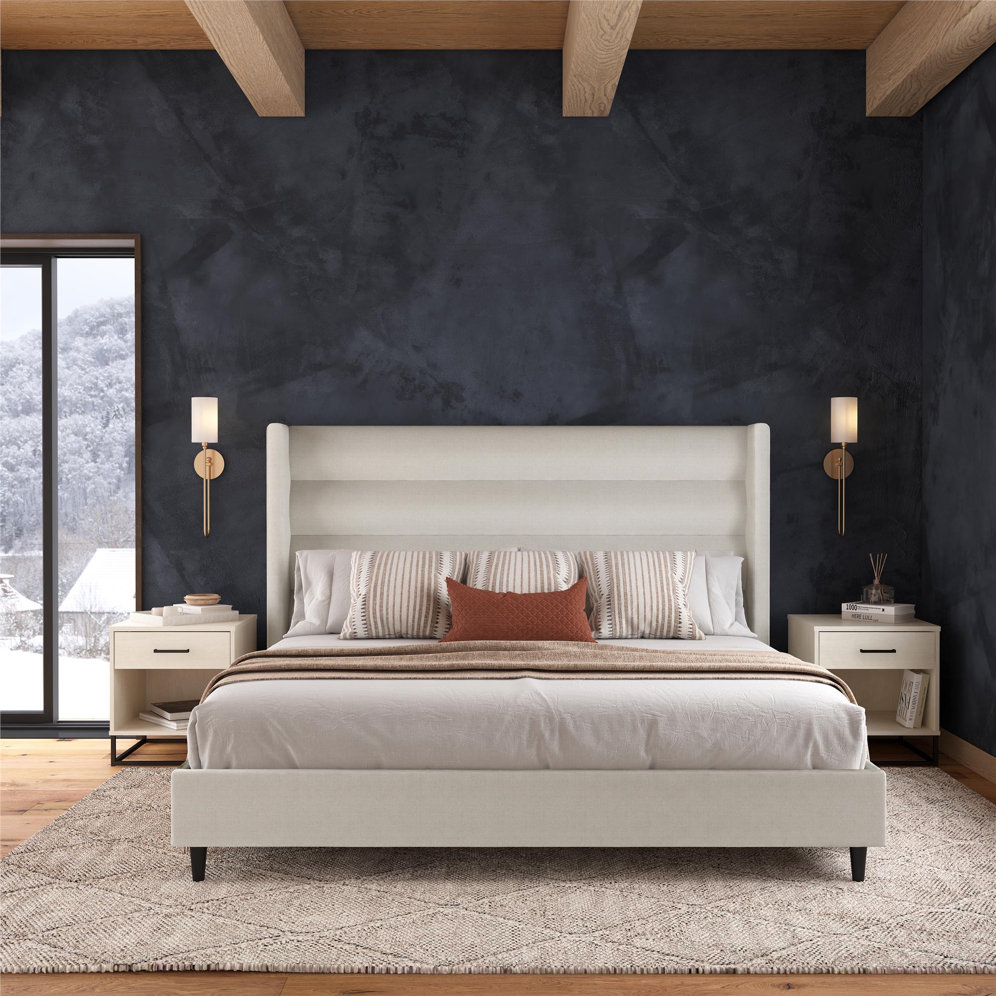 Novogratz Louis Upholstered Wingback Bed - Textured Ivory Canvas - King