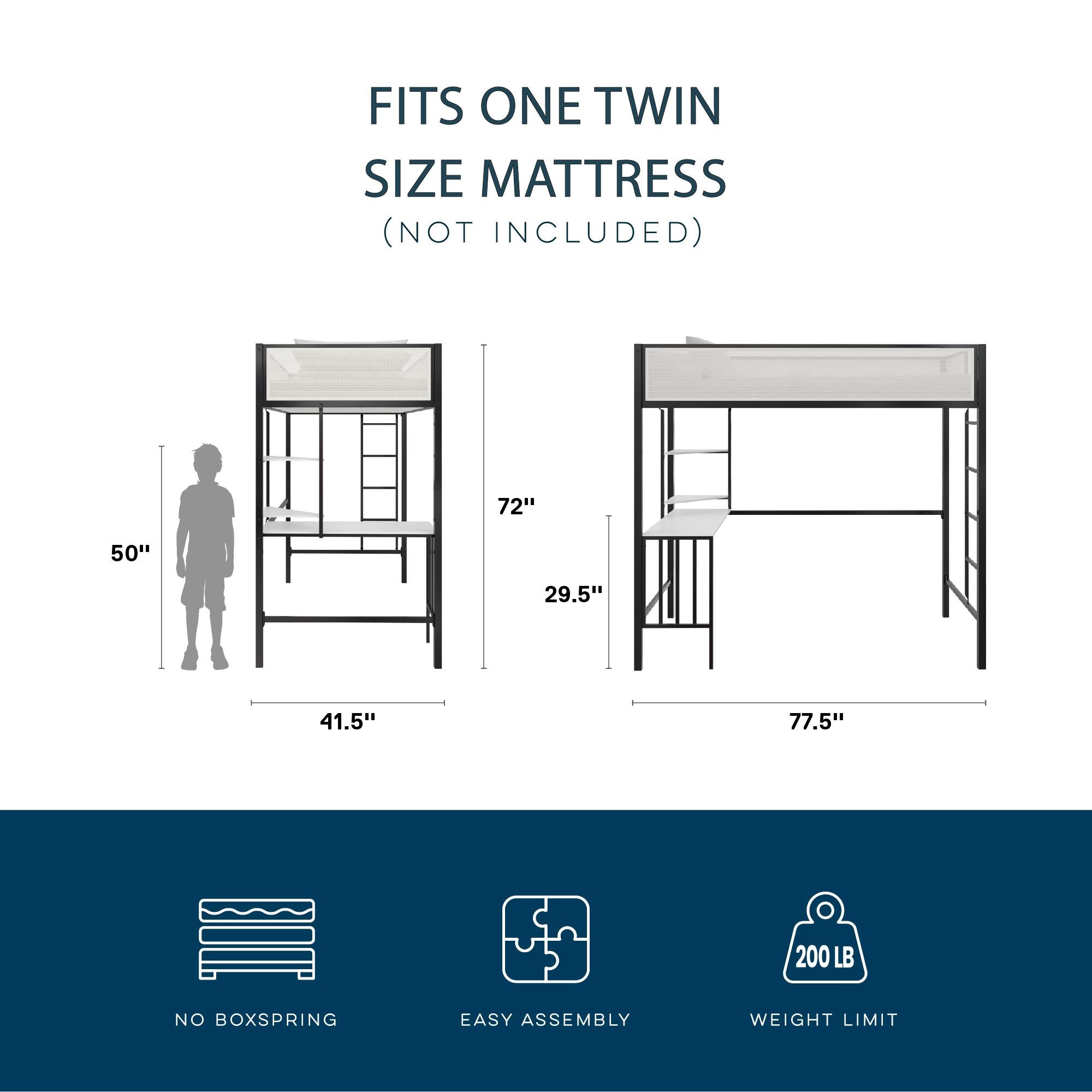 Novogratz Axel Twin Loft Bed with Desk & Shelves - White/Black - Twin