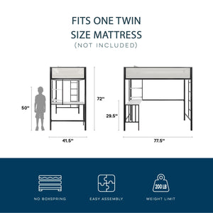 Novogratz Axel Twin Loft Bed with Desk & Shelves - White/Black - Twin