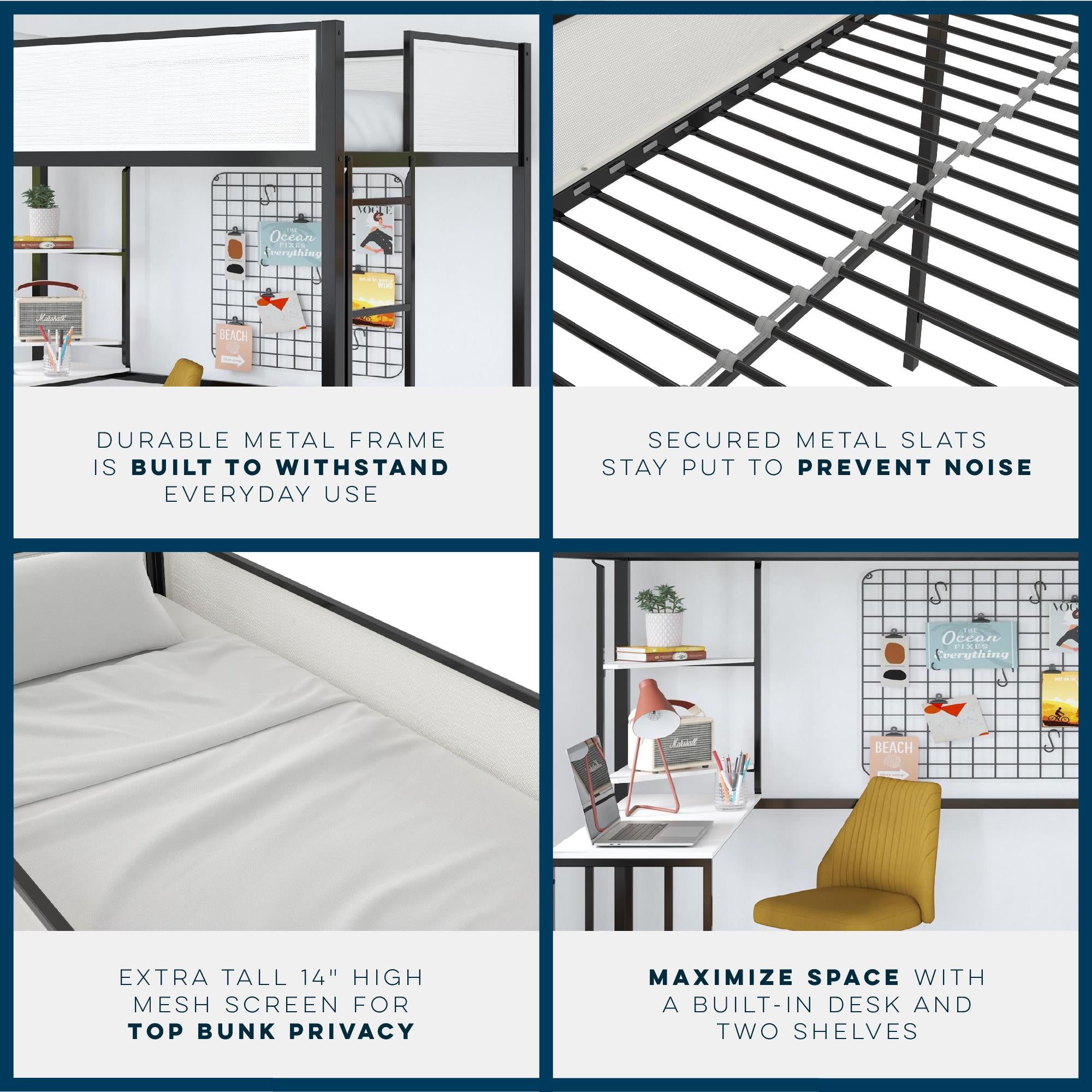 Novogratz Axel Twin Loft Bed with Desk & Shelves - White/Black - Twin