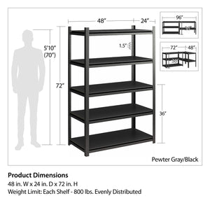 Systembuild Evolution Rack-Tite 5-Shelf Toolless Steel Frame Garage Storage Shelving Unit - Pewter
