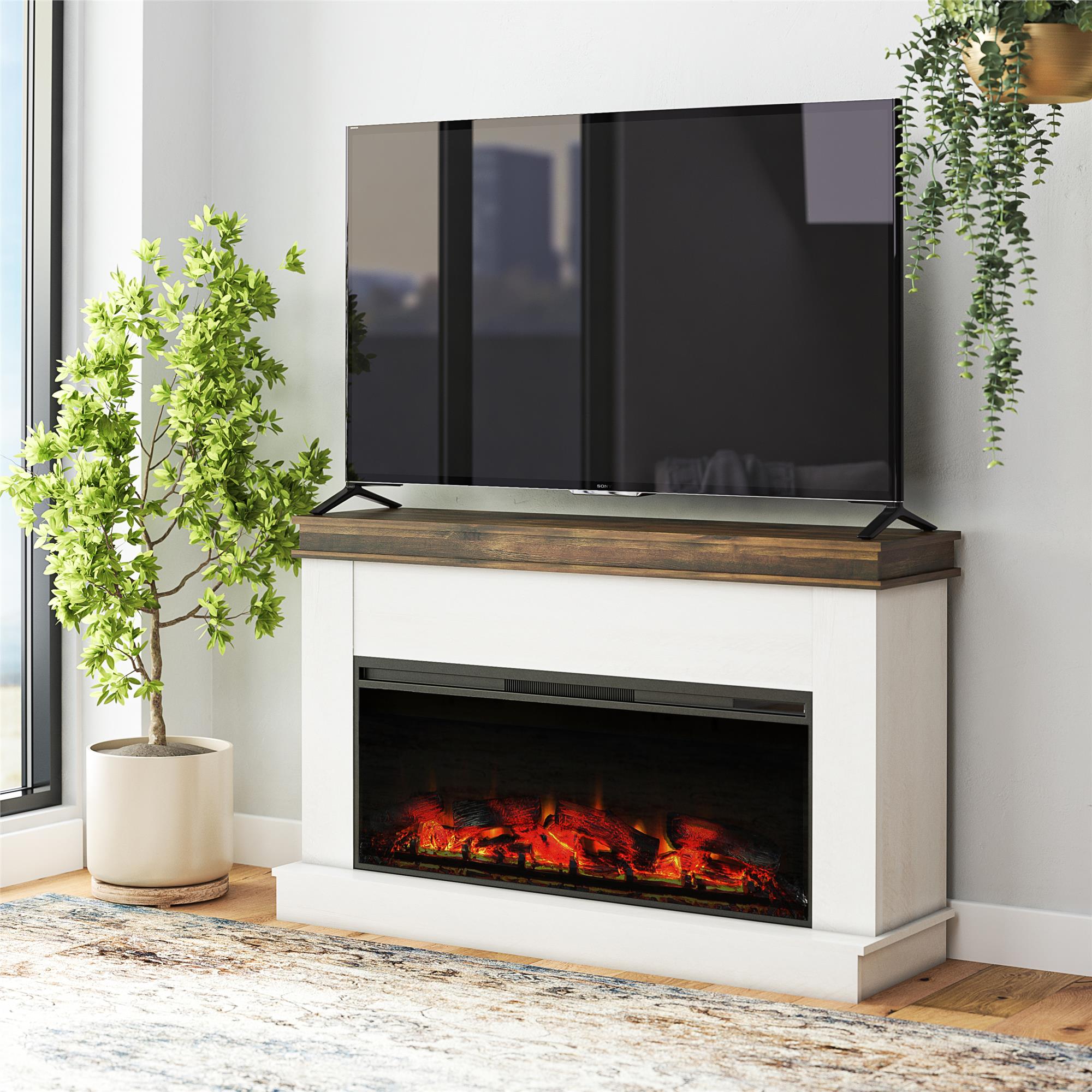 Ameriwood Home Mateo Wide Mantel with Linear Electric Fireplace and Remote for TVs up to 65" - Ivory Oak