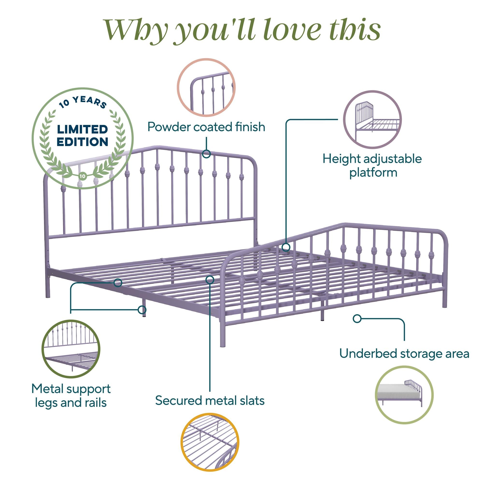 Novogratz Bushwick Metal Bed - Lavender - King