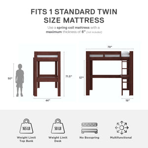 DHP Jaymee Kids' Wood Loft Bed with Desk - Deep Walnut - Twin
