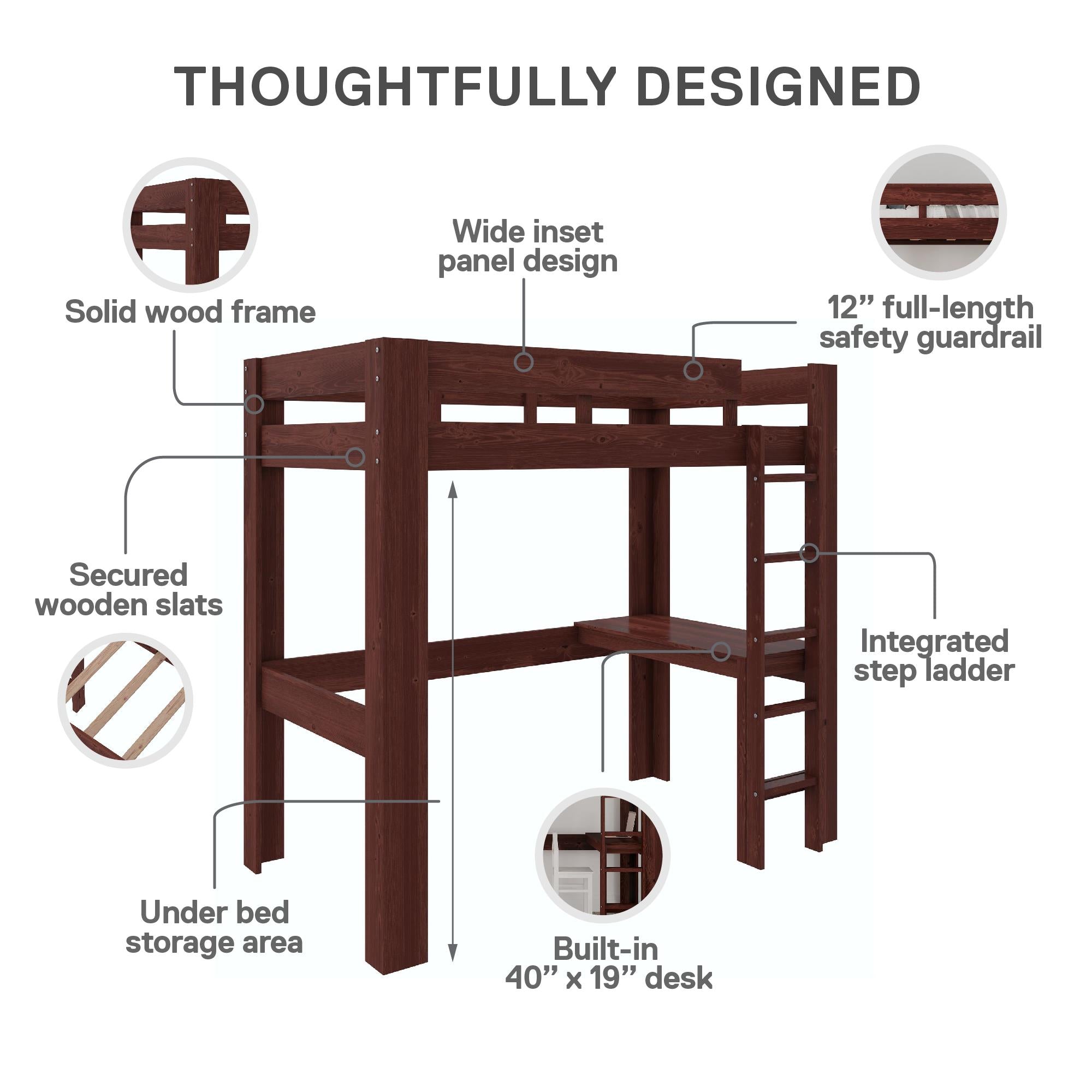 DHP Jaymee Kids' Wood Loft Bed with Desk - Deep Walnut - Twin