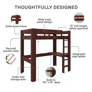 DHP Jaymee Kids' Wood Loft Bed with Desk - Deep Walnut - Twin