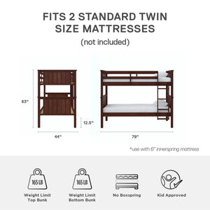 DHP Bailen Kid's Wood Bunk Bed - Deep Walnut - Twin-Over-Twin
