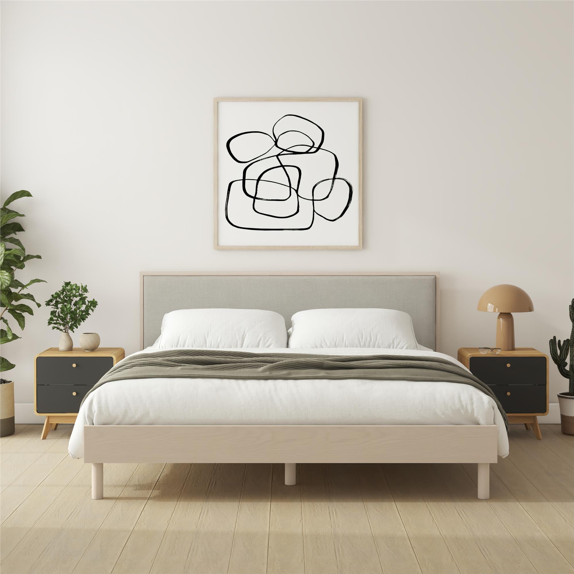 DHP Cologne Wood Bed Frame with Upholstered Headboard - Light Oak - King