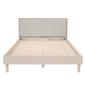 DHP Cologne Wood Bed Frame with Upholstered Headboard - Light Oak - Queen