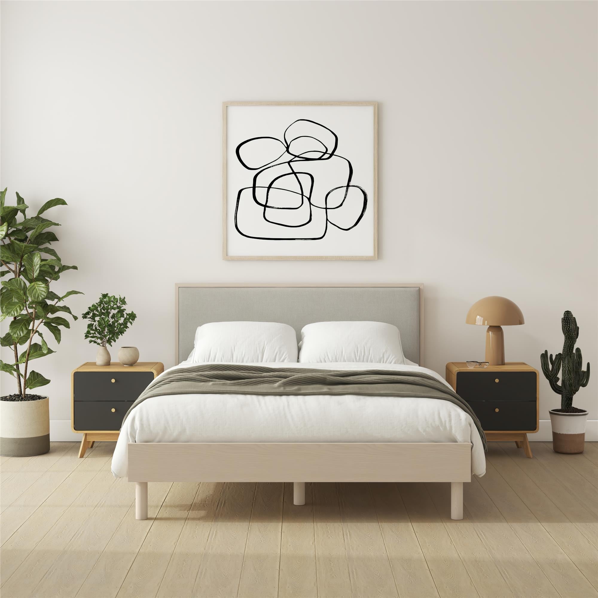 DHP Cologne Wood Bed Frame with Upholstered Headboard - Light Oak - Queen