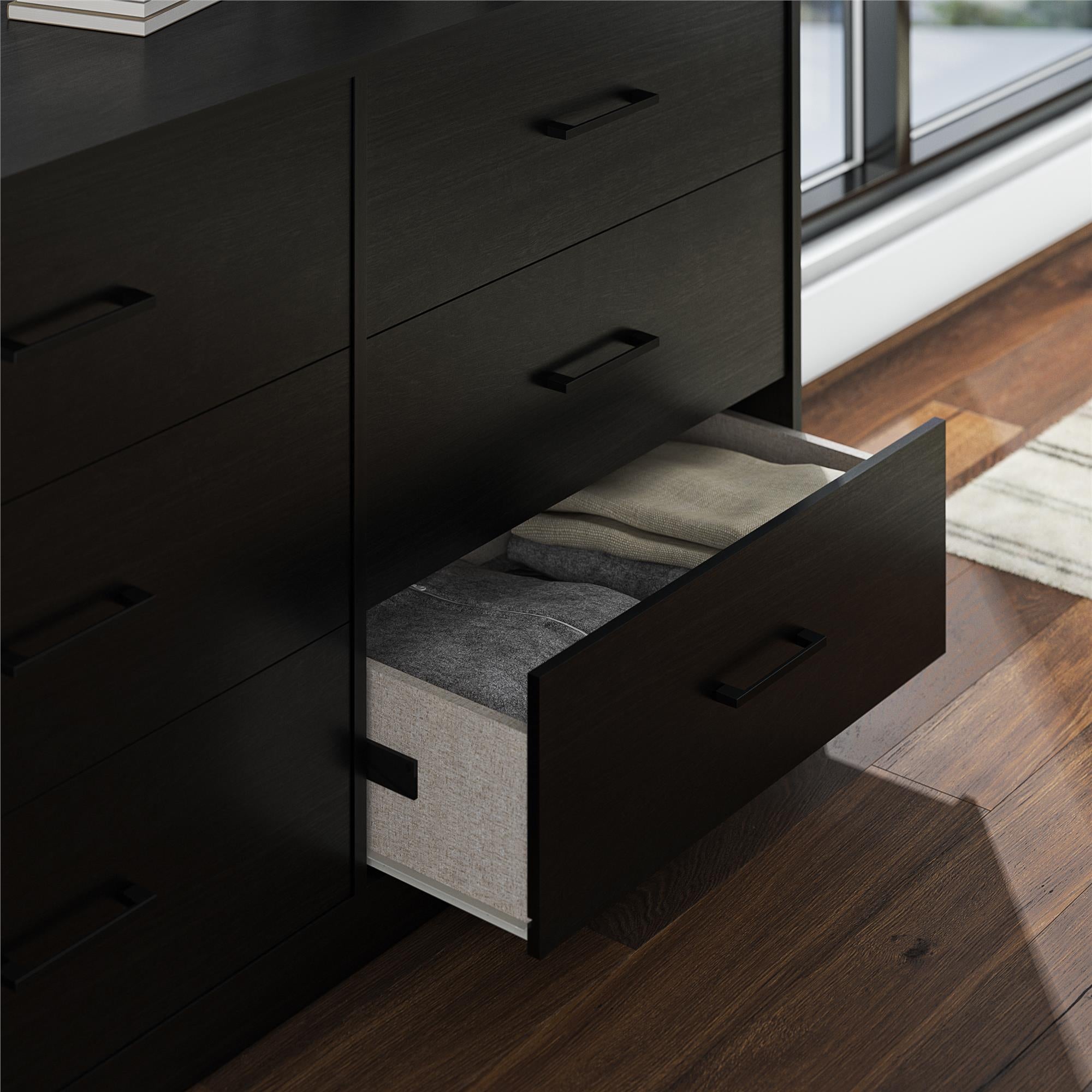 Ameriwood Home BrEZ Build Pearce Wide 6 Drawer Dresser - Black Oak - 6 Drawer