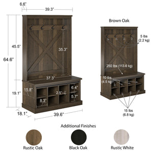 Knox County Entryway Bench Hall Tree with Coat Hooks and Shoe Storage, Black Oak - Black Oak