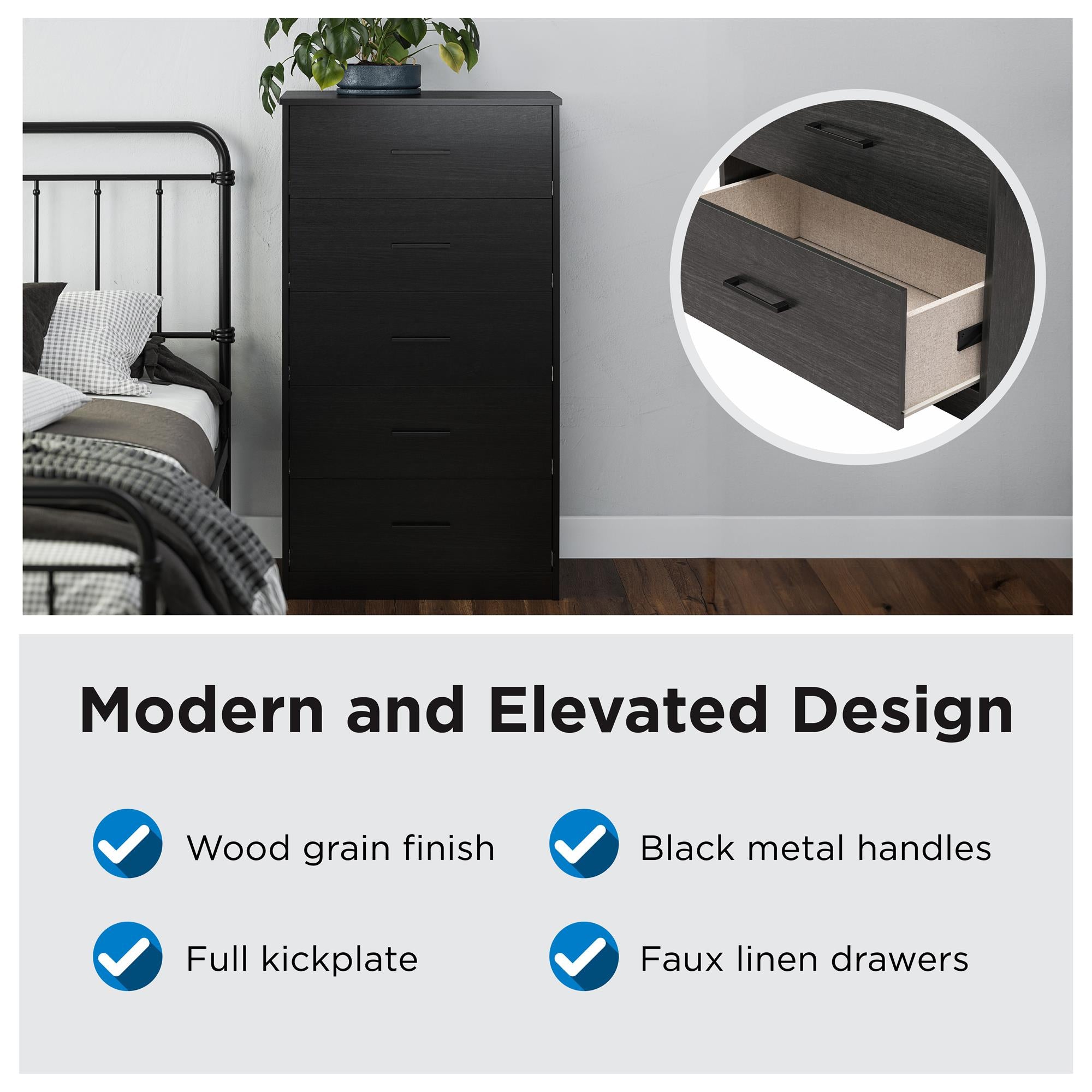 Ameriwood Home BrEZ Build Pearce Tall 5 Drawer Dresser - Black Oak - 5 Drawer