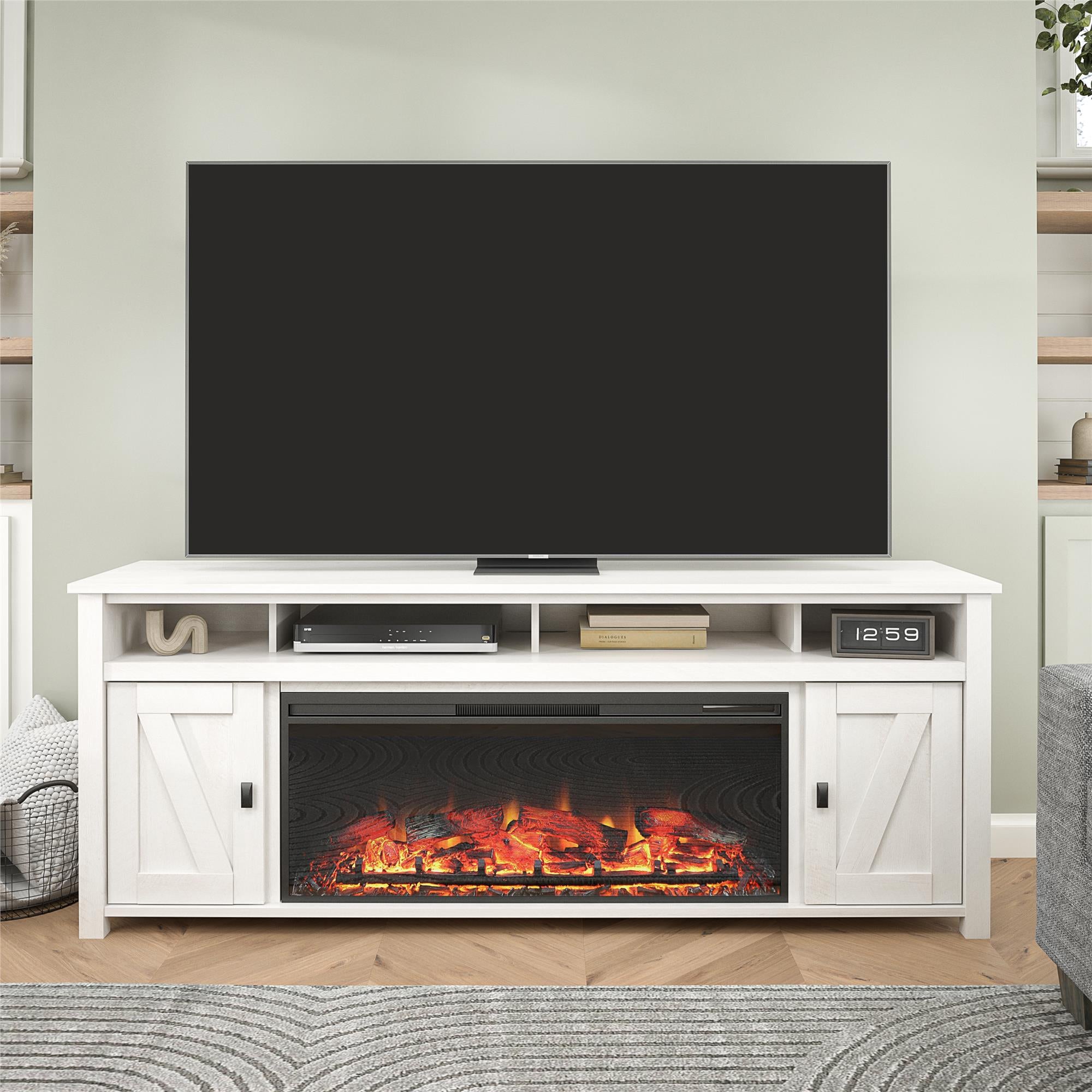 Ameriwood Home Farmington Electric Fireplace TV Console with Remote for TVs up to 85" - Ivory Oak