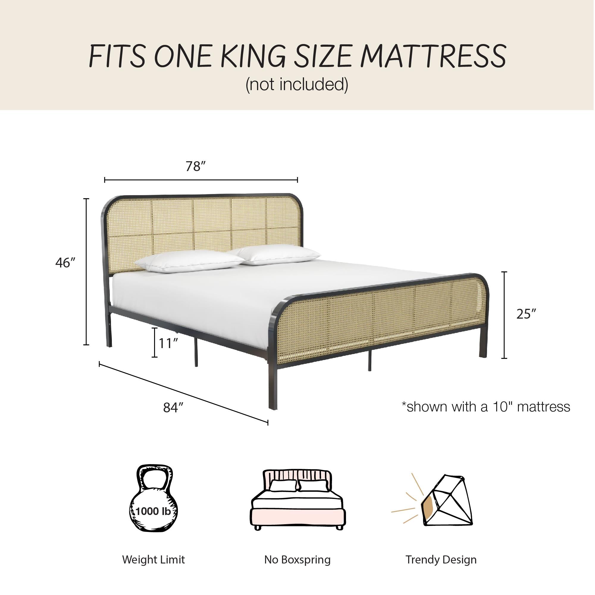 Mr. Kate Roxanne Metal and Cane Bed - Black - King