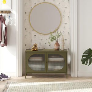 Mr. Kate Luna Wide 2-Door Accent Cabinet with Fluted Glass - Olive Green Metal