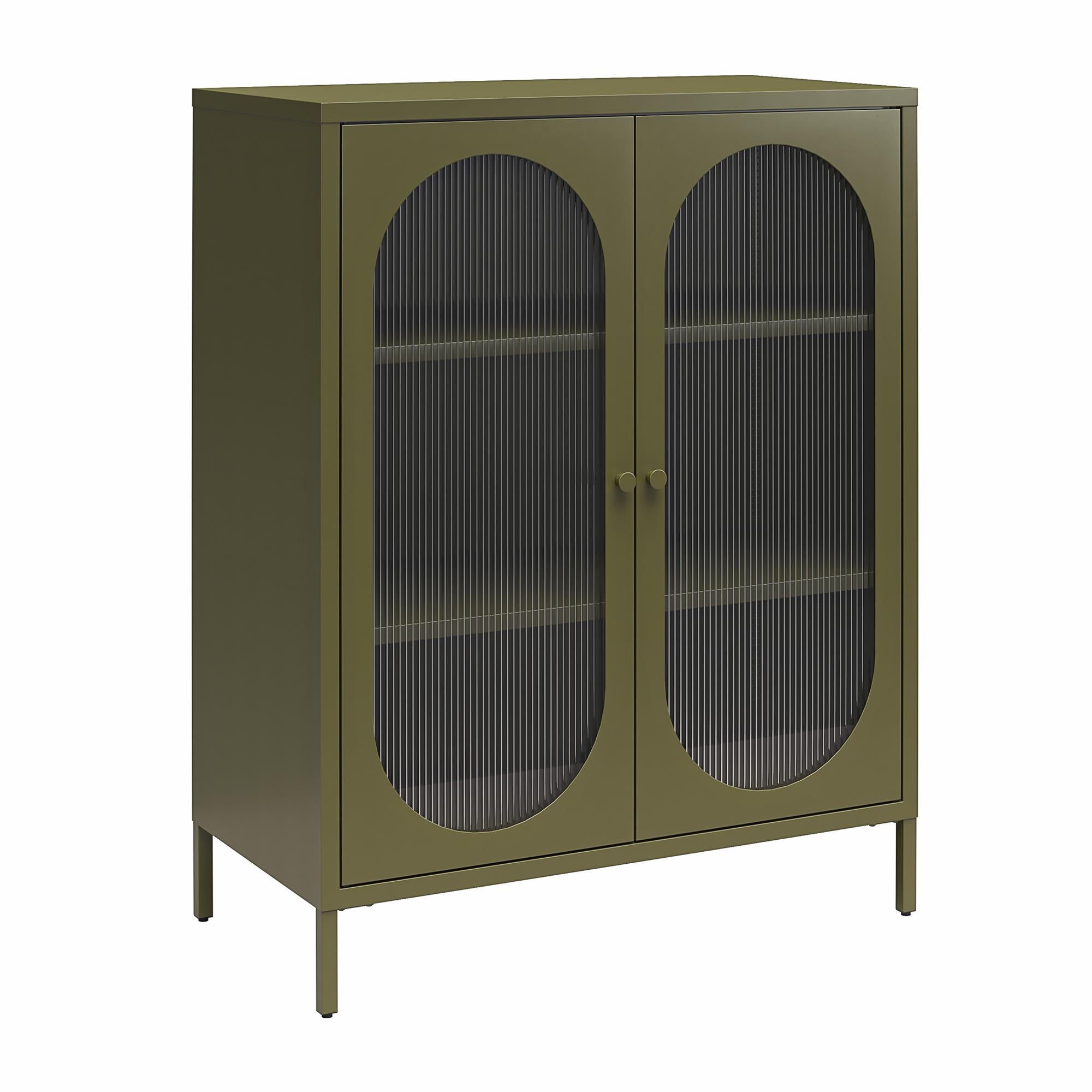 Mr. Kate Luna Short 2-Door Accent Cabinet with Fluted Glass - Olive Green Metal