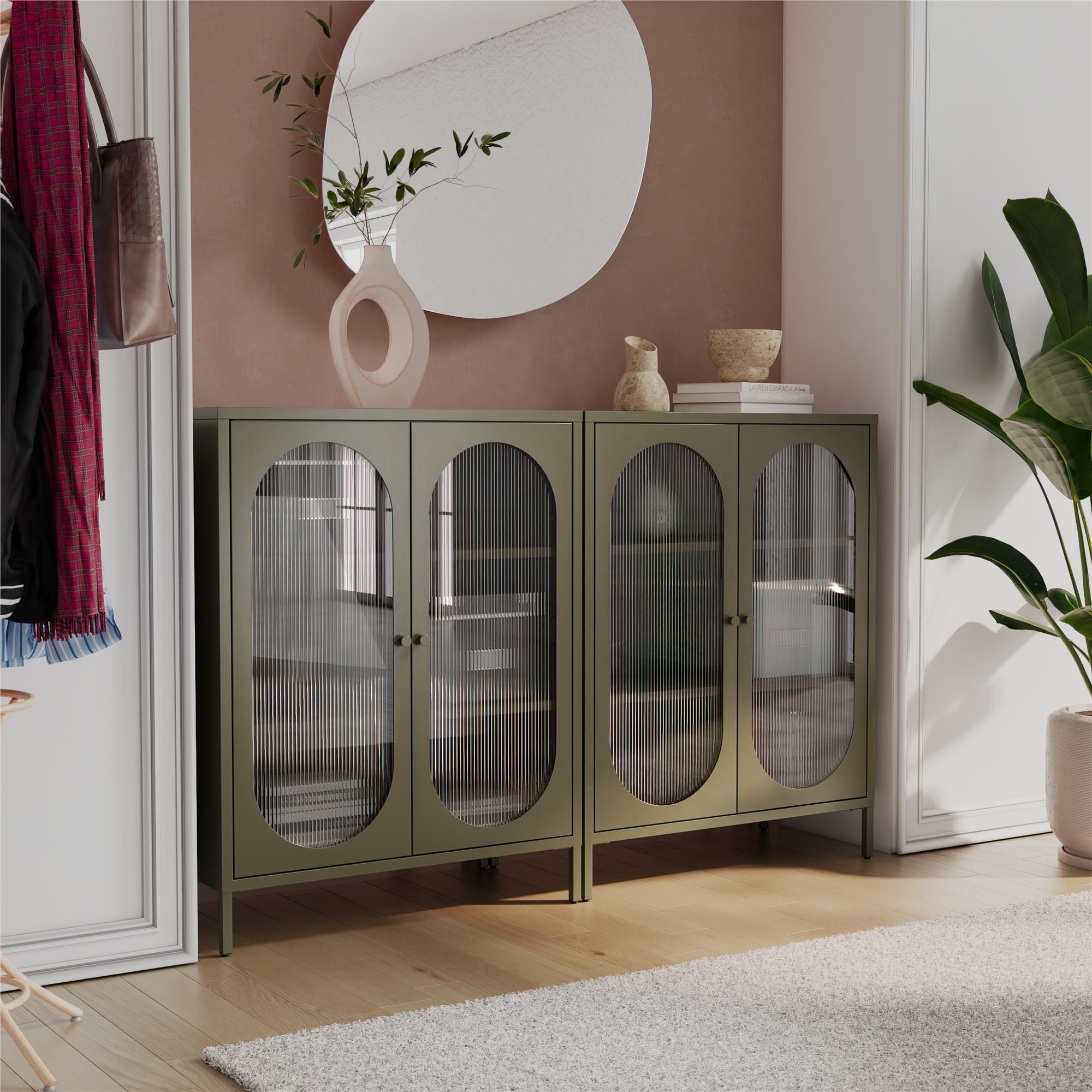 Mr. Kate Luna Short 2-Door Accent Cabinet with Fluted Glass - Olive Green Metal
