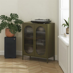 Mr. Kate Luna Short 2-Door Accent Cabinet with Fluted Glass - Olive Green Metal