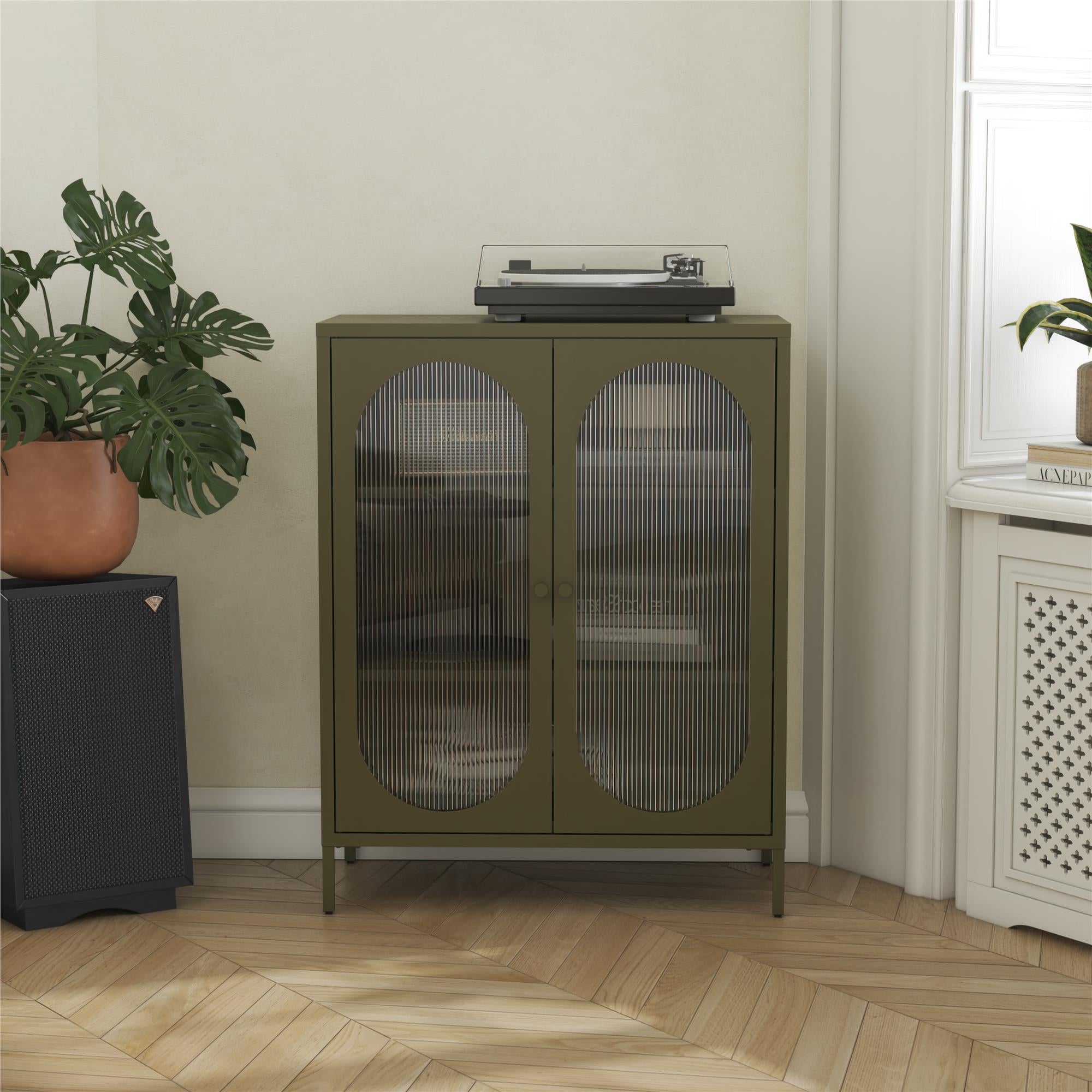 Mr. Kate Luna Short 2-Door Accent Cabinet with Fluted Glass - Olive Green Metal