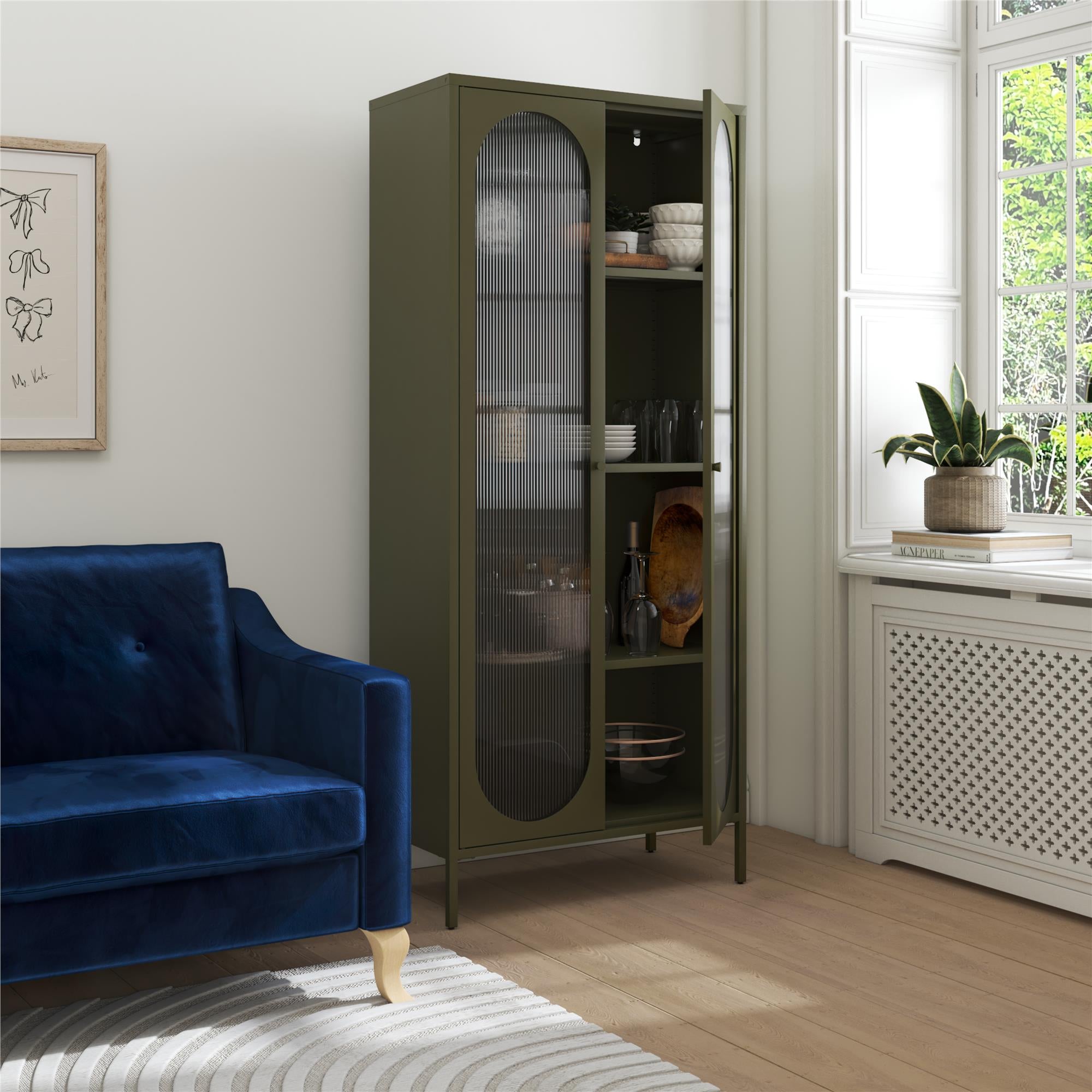 Mr. Kate Luna Tall 2-Door Accent Cabinet with Fluted Glass - Olive Green Metal