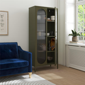 Mr. Kate Luna Tall 2-Door Accent Cabinet with Fluted Glass - Olive Green Metal