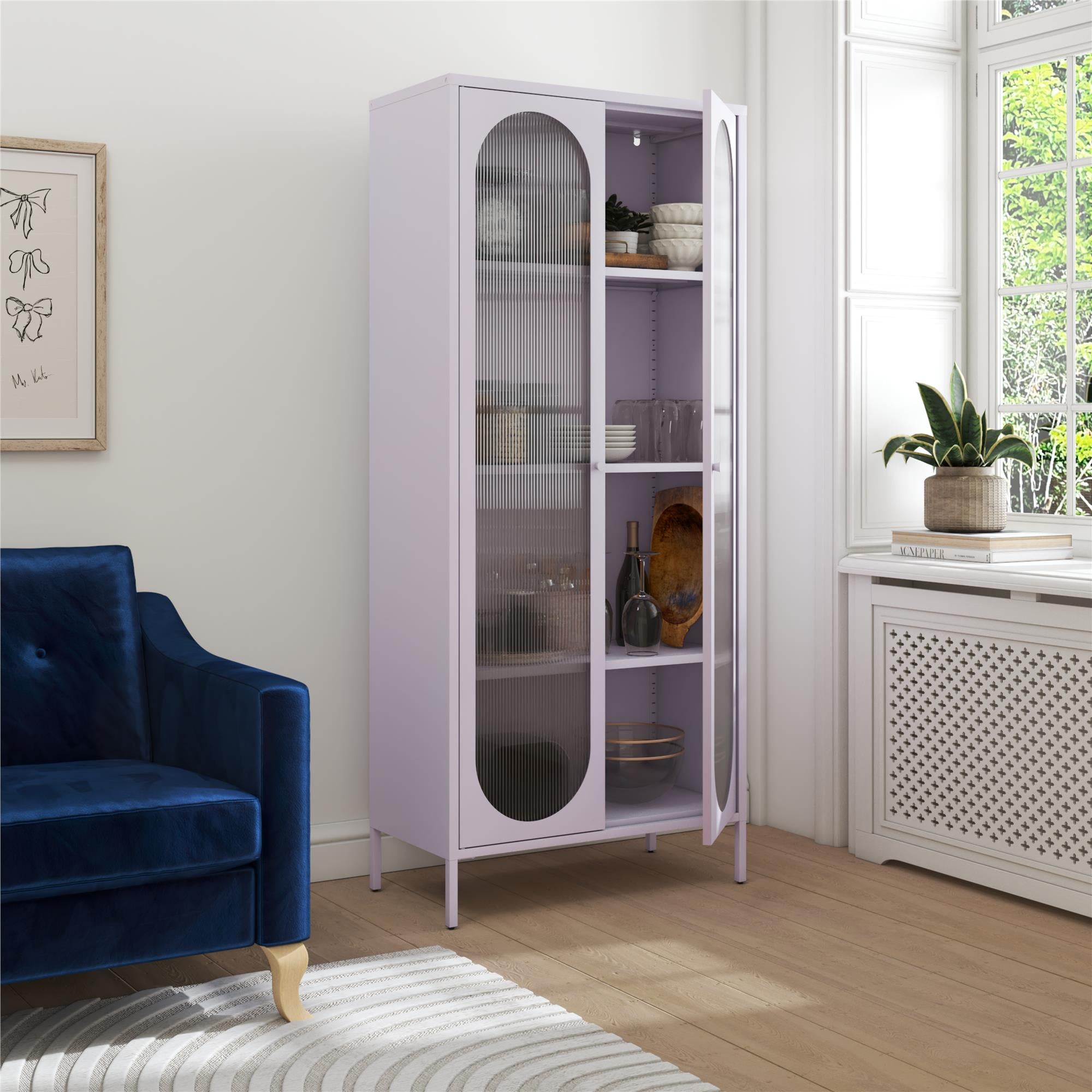 Mr. Kate Luna Tall 2-Door Accent Cabinet with Fluted Glass - Lilac Metal