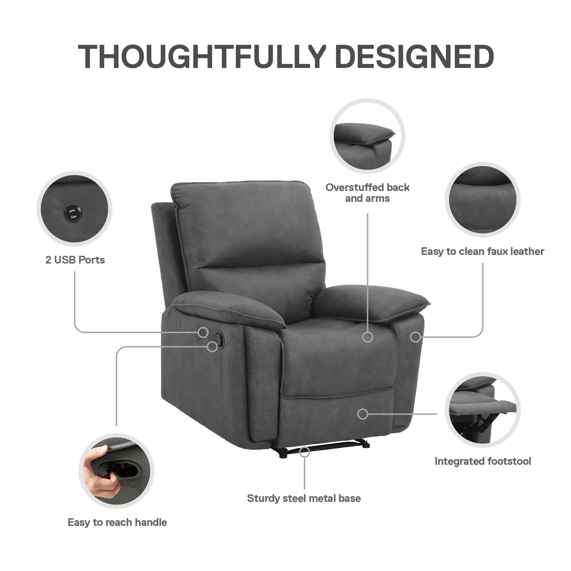 DHP Labatte Pushback Recliner with USB - Charcoal - 1-Seater