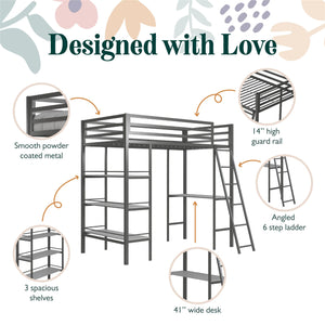 Max & Finn Nova Metal Loft Bed with Shelves - Gray - Twin