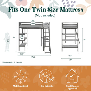 Max & Finn Nova Metal Loft Bed with Shelves - Gray - Twin