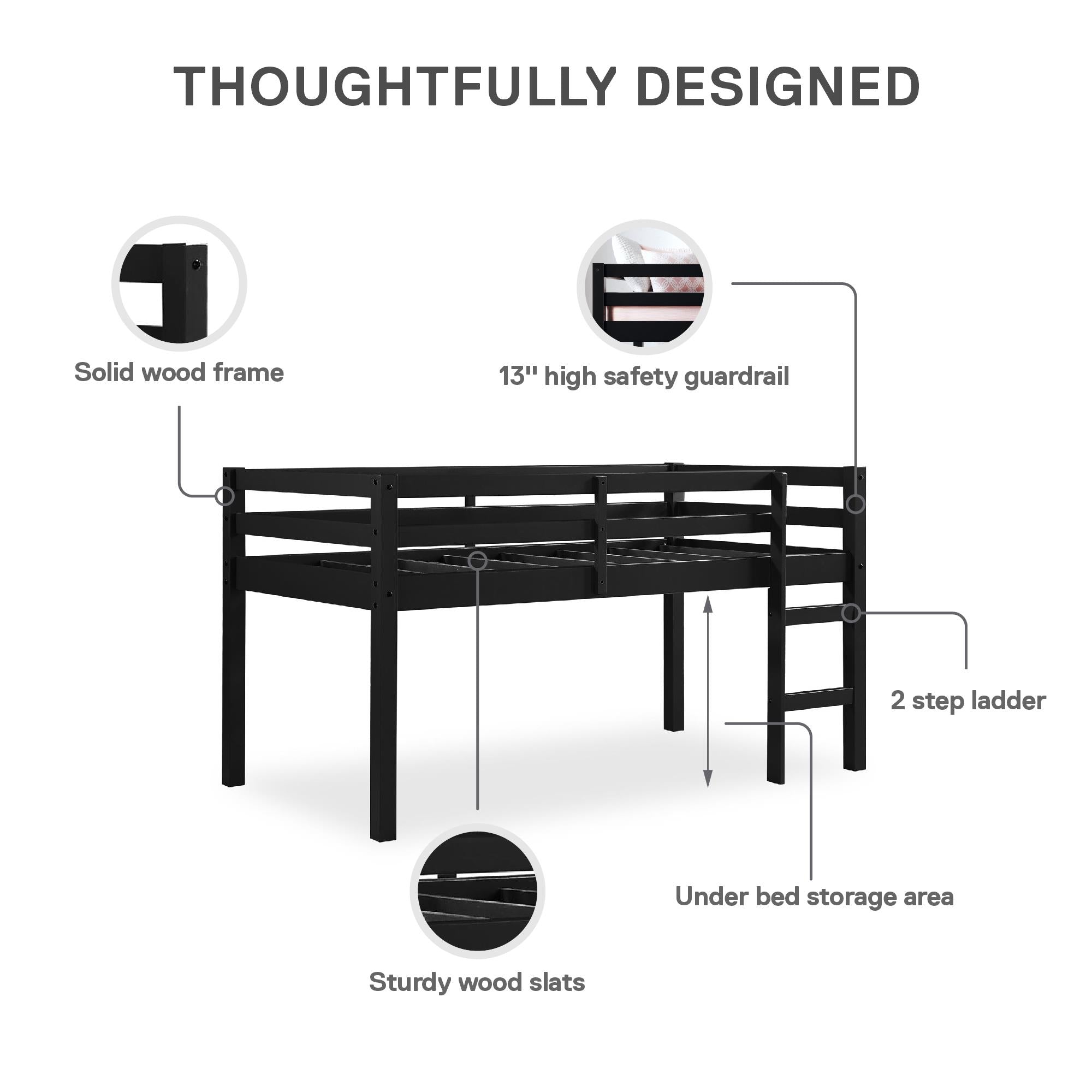 DHP Milton Kids' Low Wood Loft Bed - Black