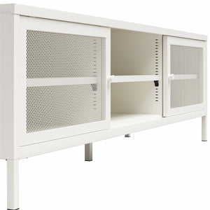 Systembuild Evolution Sunset District Metal TV Stand for TVs up to 65" with Perforated Metal Sliding Doors - White