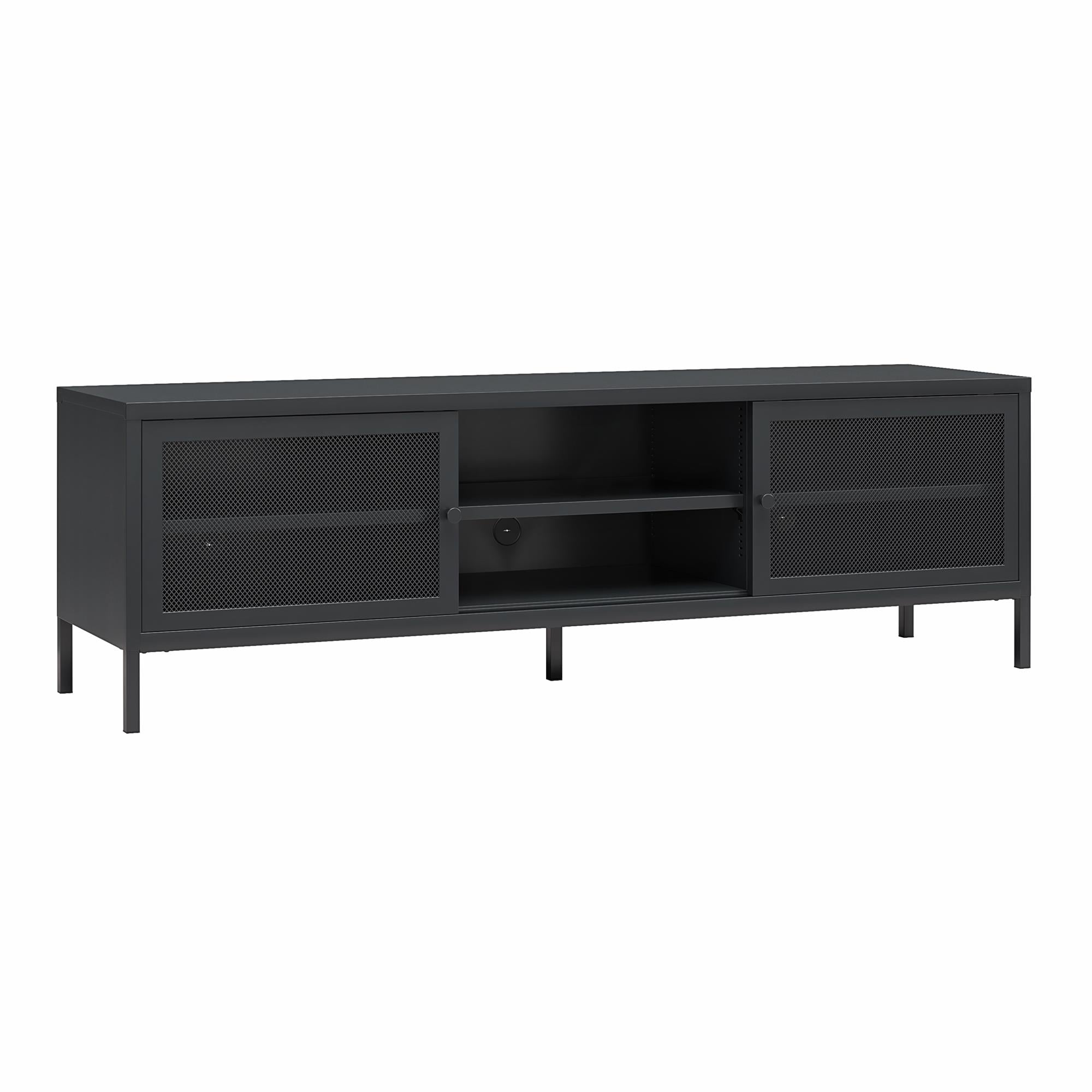 Systembuild Evolution Sunset District Metal TV Stand for TVs up to 65" with Perforated Metal Sliding Doors - Black