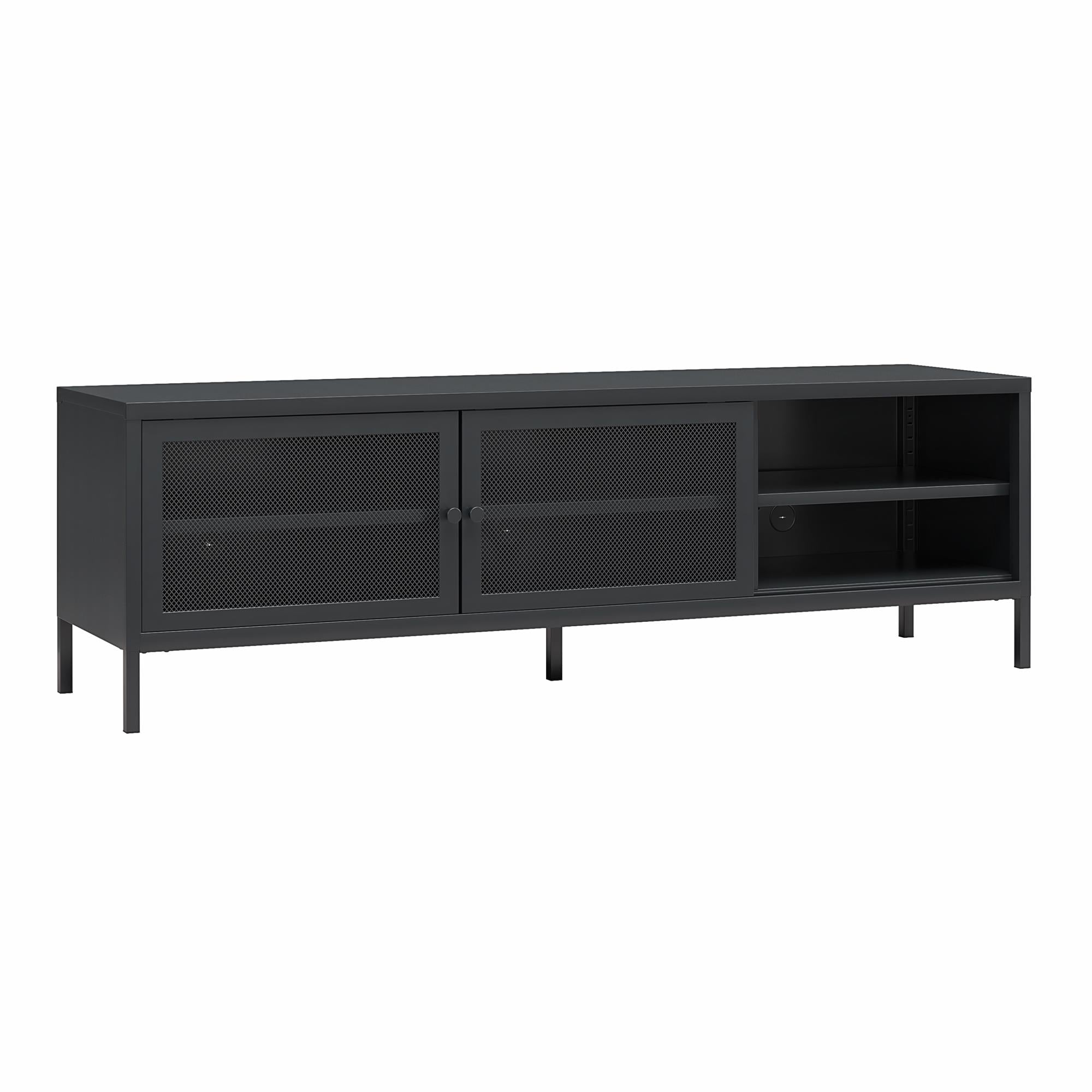 Systembuild Evolution Sunset District Metal TV Stand for TVs up to 65" with Perforated Metal Sliding Doors - Black