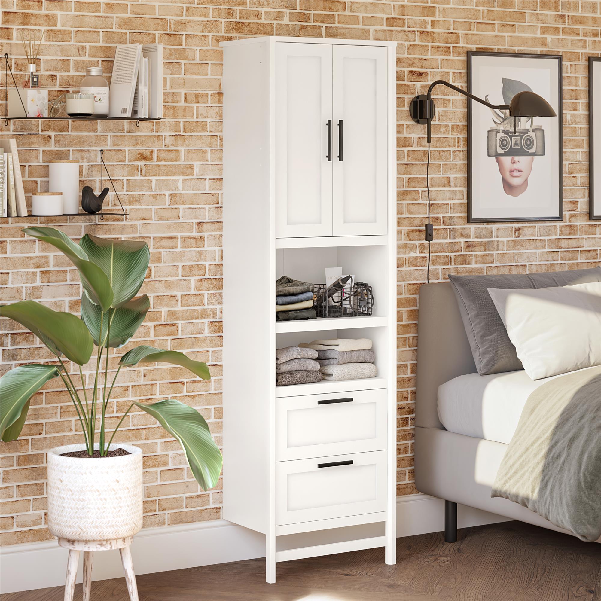 Systembuild Evolution Luxe 2-Door/2-Drawer Closet Tower with 3 Adjustable Clothing Rods - Ivory Oak
