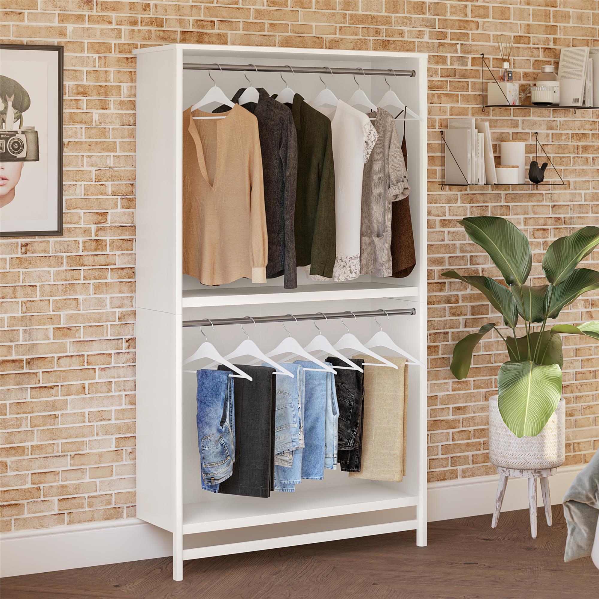 Systembuild Evolution Luxe Extra Wide 2-Shelf Double Clothing Rod Closet Tower - Ivory Oak