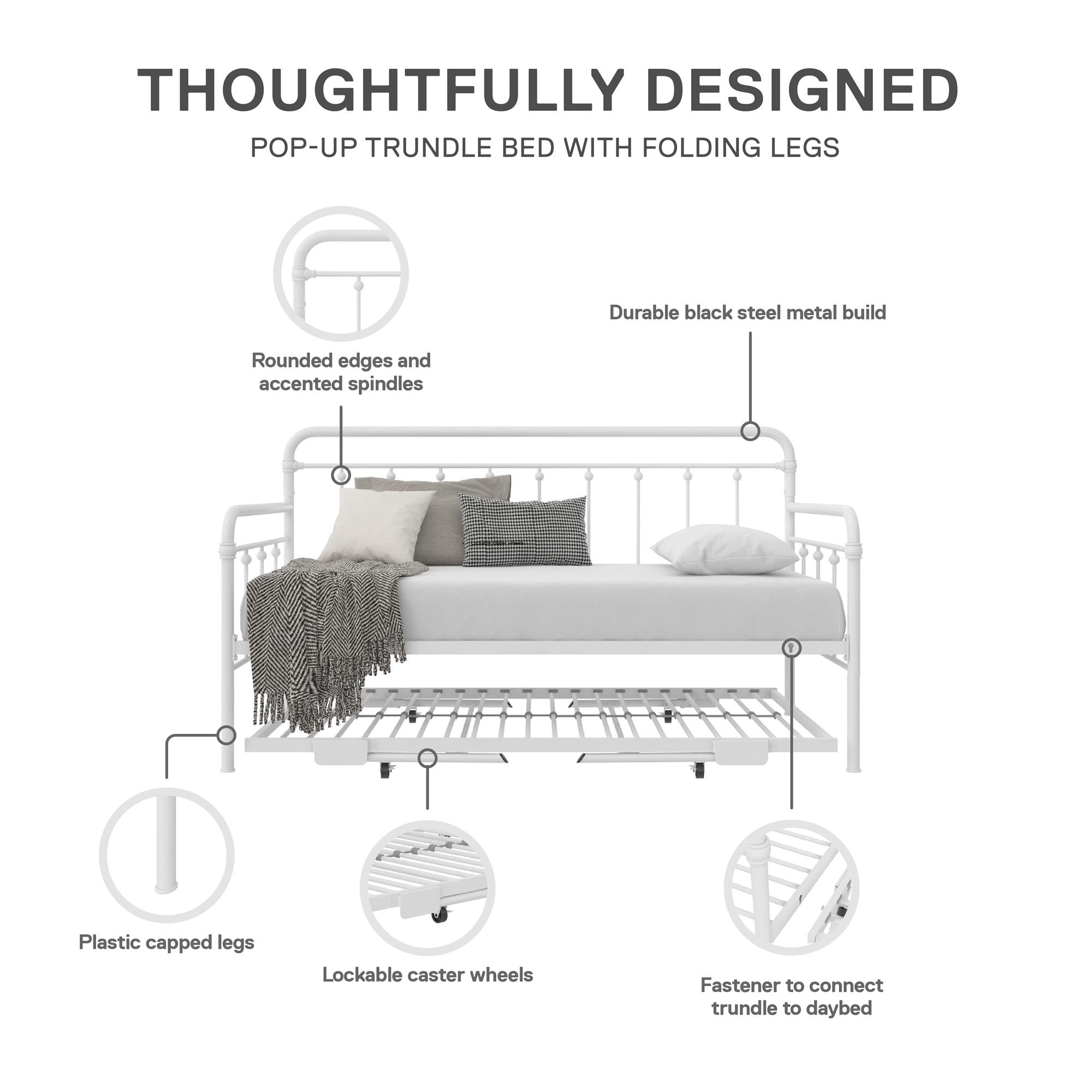 DHP Locky Metal Daybed with Pop Up Trundle - White - Twin-Over-Twin