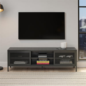 Systembuild Evolution Sunset District Metal TV Stand for TVs up to 65" with Perforated Metal Sliding Doors - Black