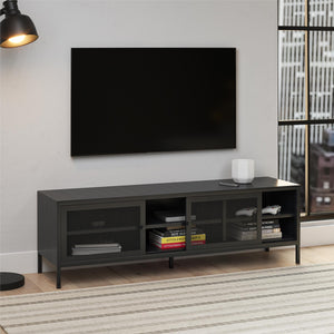Systembuild Evolution Sunset District Metal TV Stand for TVs up to 65" with Perforated Metal Sliding Doors - Black