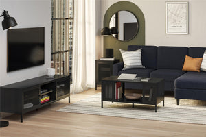 Systembuild Evolution Sunset District Metal TV Stand for TVs up to 65" with Perforated Metal Sliding Doors - Black