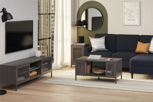 Systembuild Evolution Sunset District Metal TV Stand for TVs up to 65" with Perforated Metal Sliding Doors - Graphite Grey