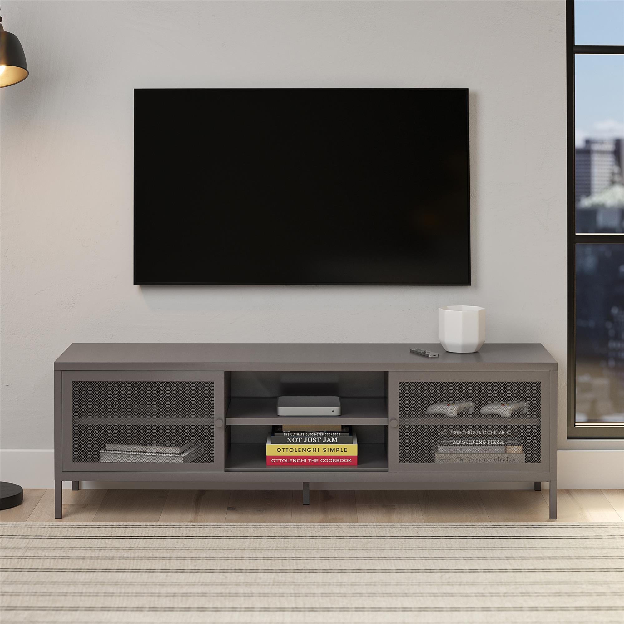 Systembuild Evolution Sunset District Metal TV Stand for TVs up to 65" with Perforated Metal Sliding Doors - Graphite Grey