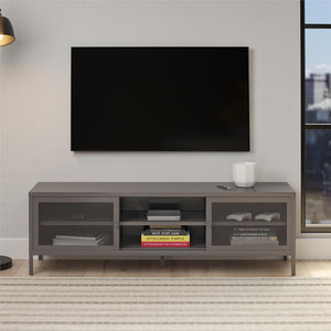 Systembuild Evolution Sunset District Metal TV Stand for TVs up to 65" with Perforated Metal Sliding Doors - Graphite Grey