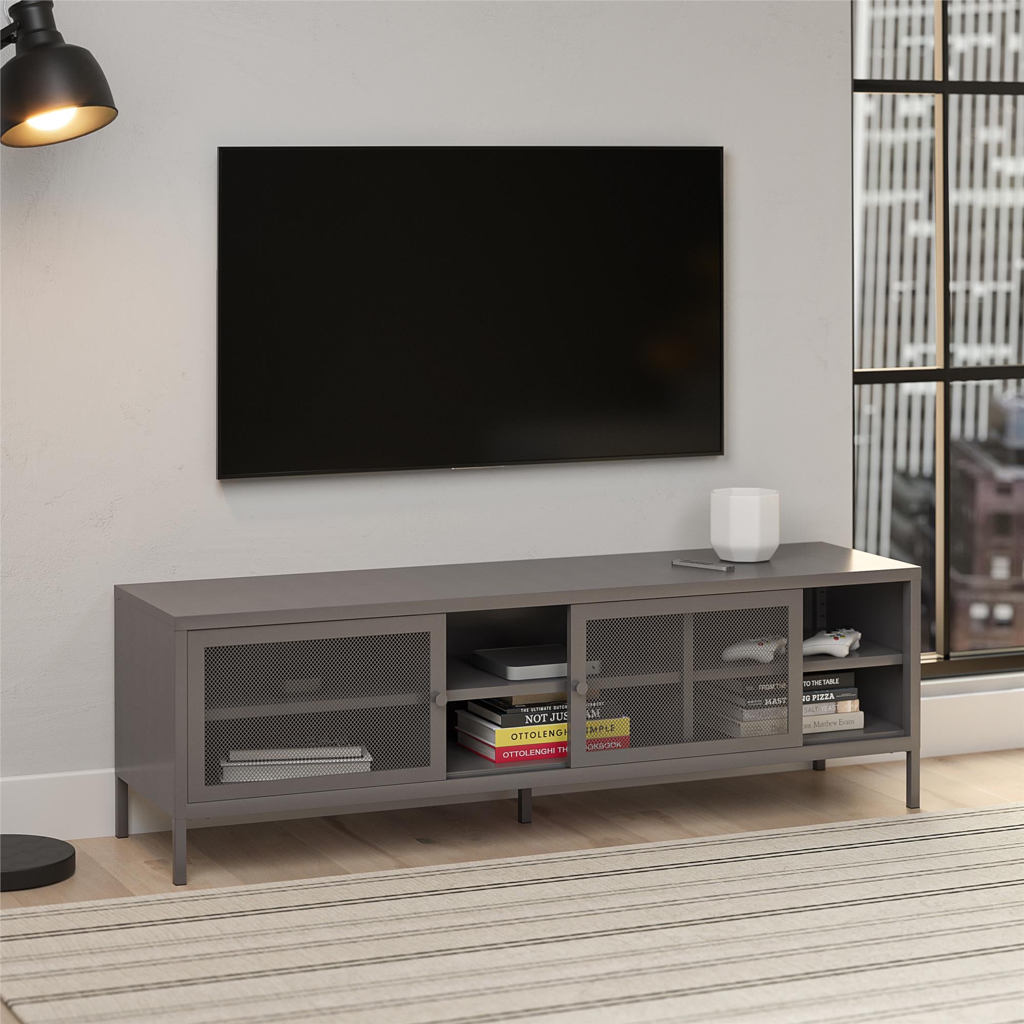 Systembuild Evolution Sunset District Metal TV Stand for TVs up to 65" with Perforated Metal Sliding Doors - Graphite Grey