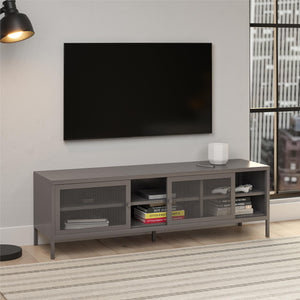 Systembuild Evolution Sunset District Metal TV Stand for TVs up to 65" with Perforated Metal Sliding Doors - Graphite Grey
