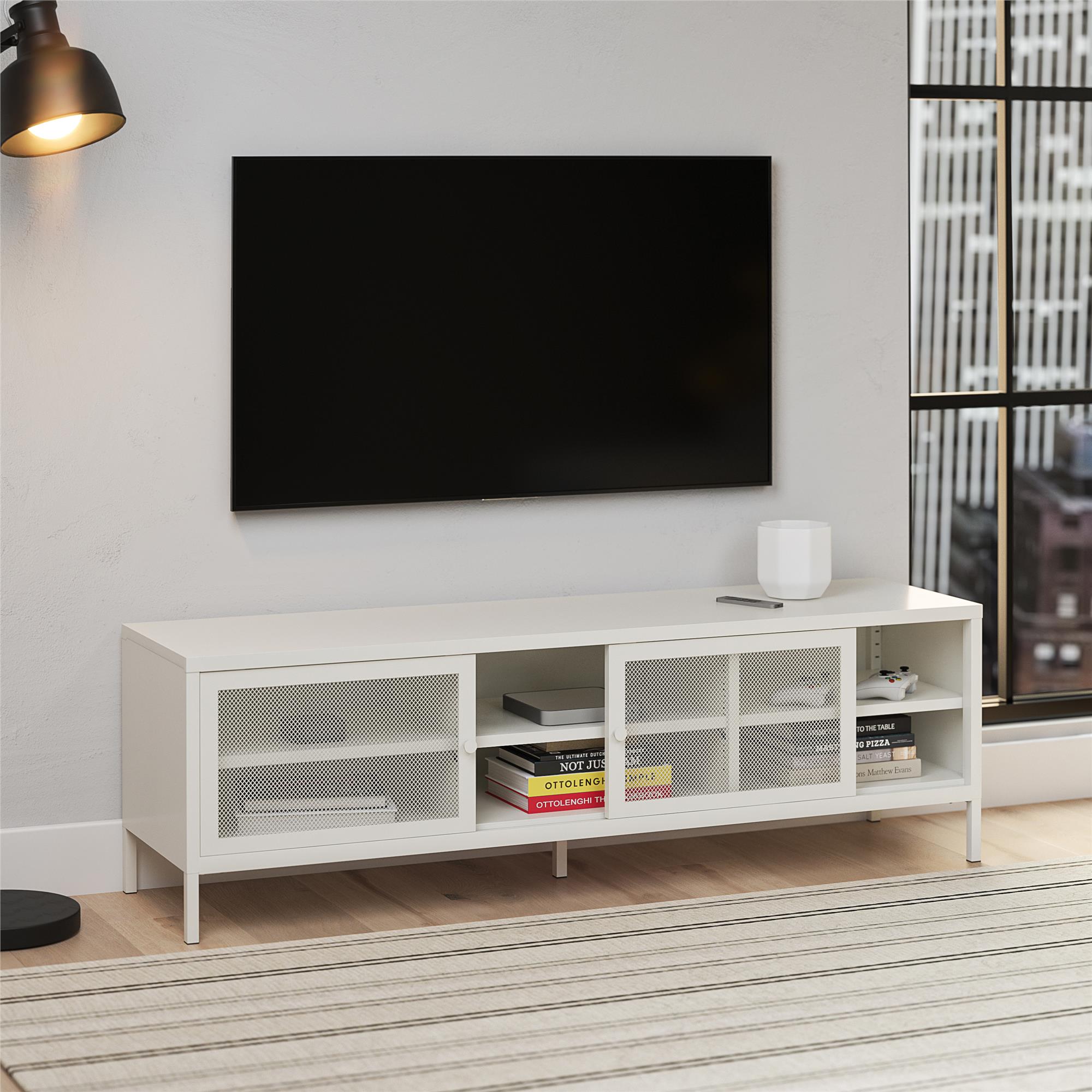 Systembuild Evolution Sunset District Metal TV Stand for TVs up to 65" with Perforated Metal Sliding Doors - White