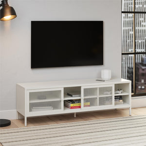 Systembuild Evolution Sunset District Metal TV Stand for TVs up to 65" with Perforated Metal Sliding Doors - White